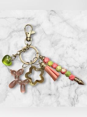 Silver Charm Keychain with Pink Tassel and Neon Beads